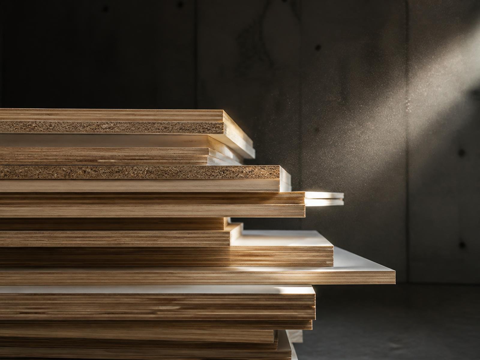 Stacked melamine boards in a timber warehouse